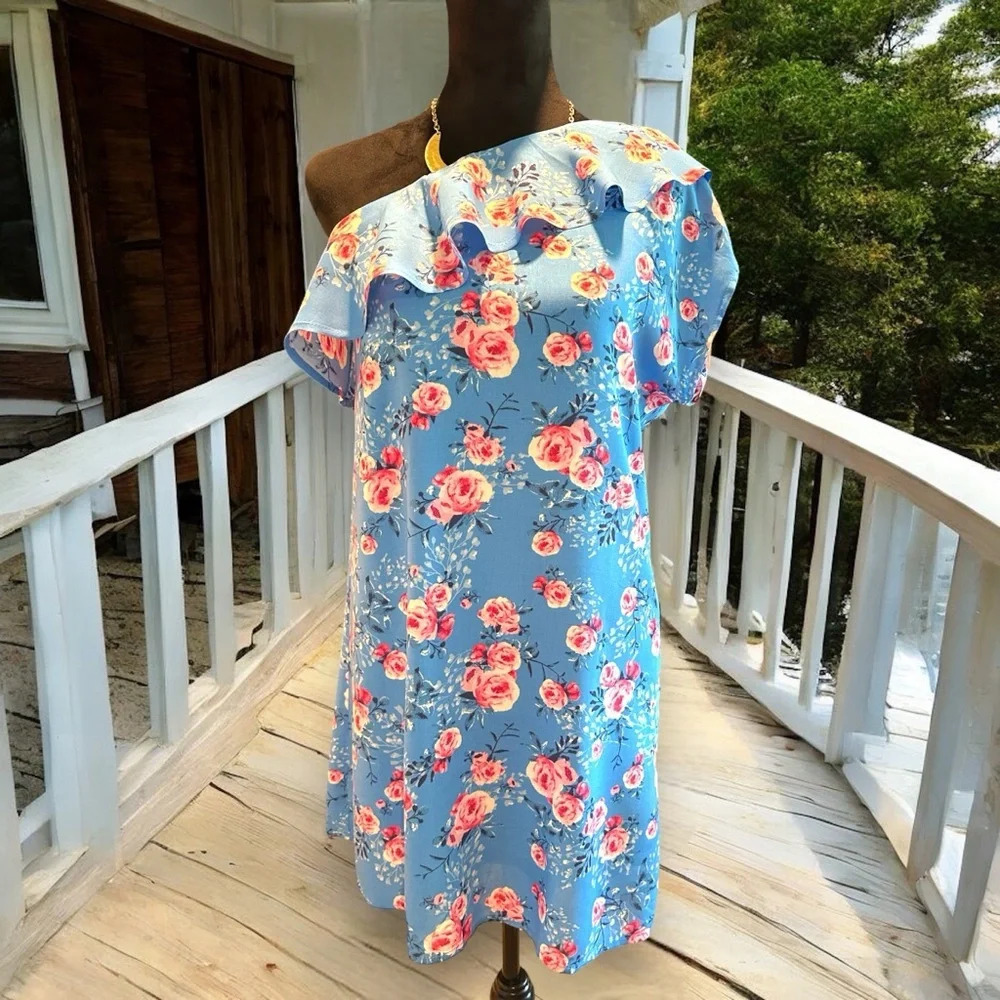 Andree By Unit Floral Ruffle Off Shoulder‎ One Sleeve Dress Blue Pink Sz Small